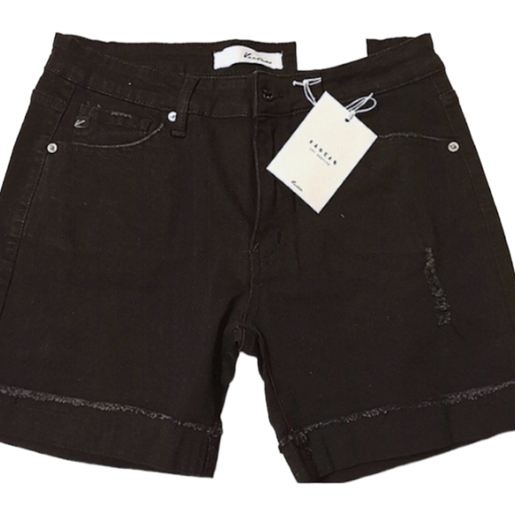 NWT Kancan Womens LARGE Hazel midrise distressed black denim cuffed shor… - Picture 1 of 5